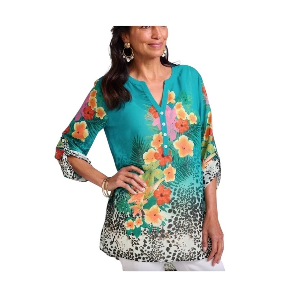 Soft Surroundings Tunic Top Women's L Tropical Print Sheer Chiffon Resort Cruise